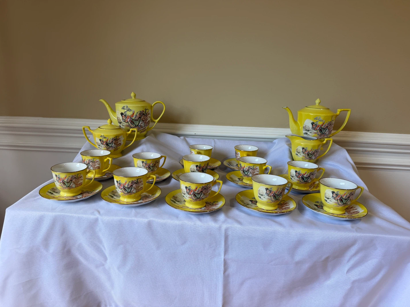 Yellow Tea Set with Cups and Saucers