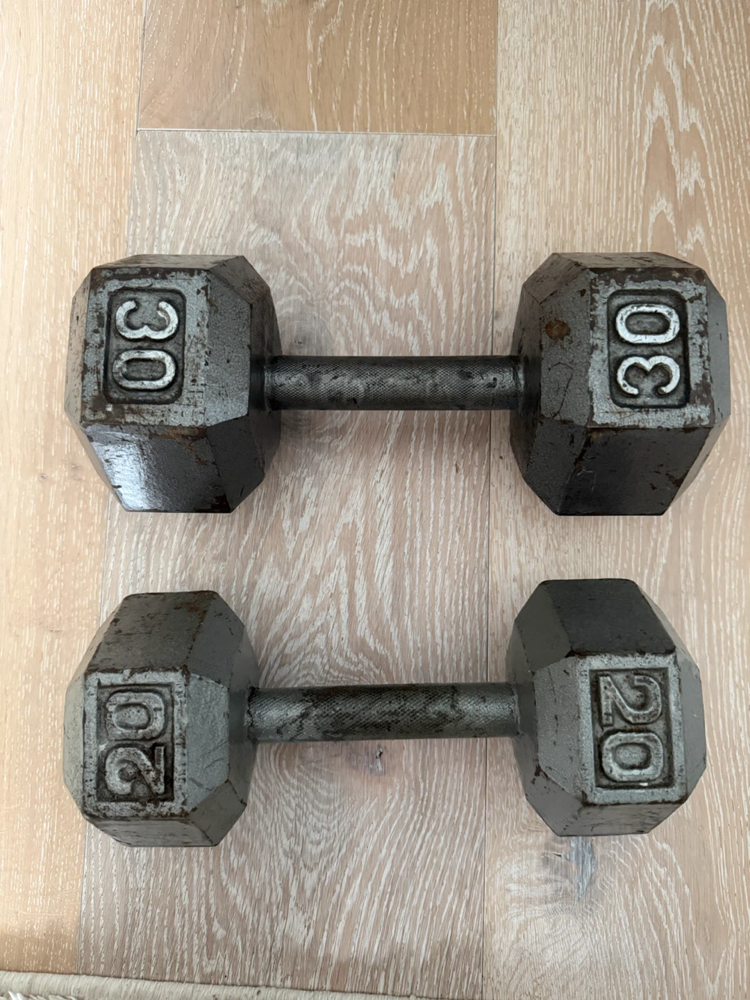 Cast iron hex dumbbells 20lb and 30lb