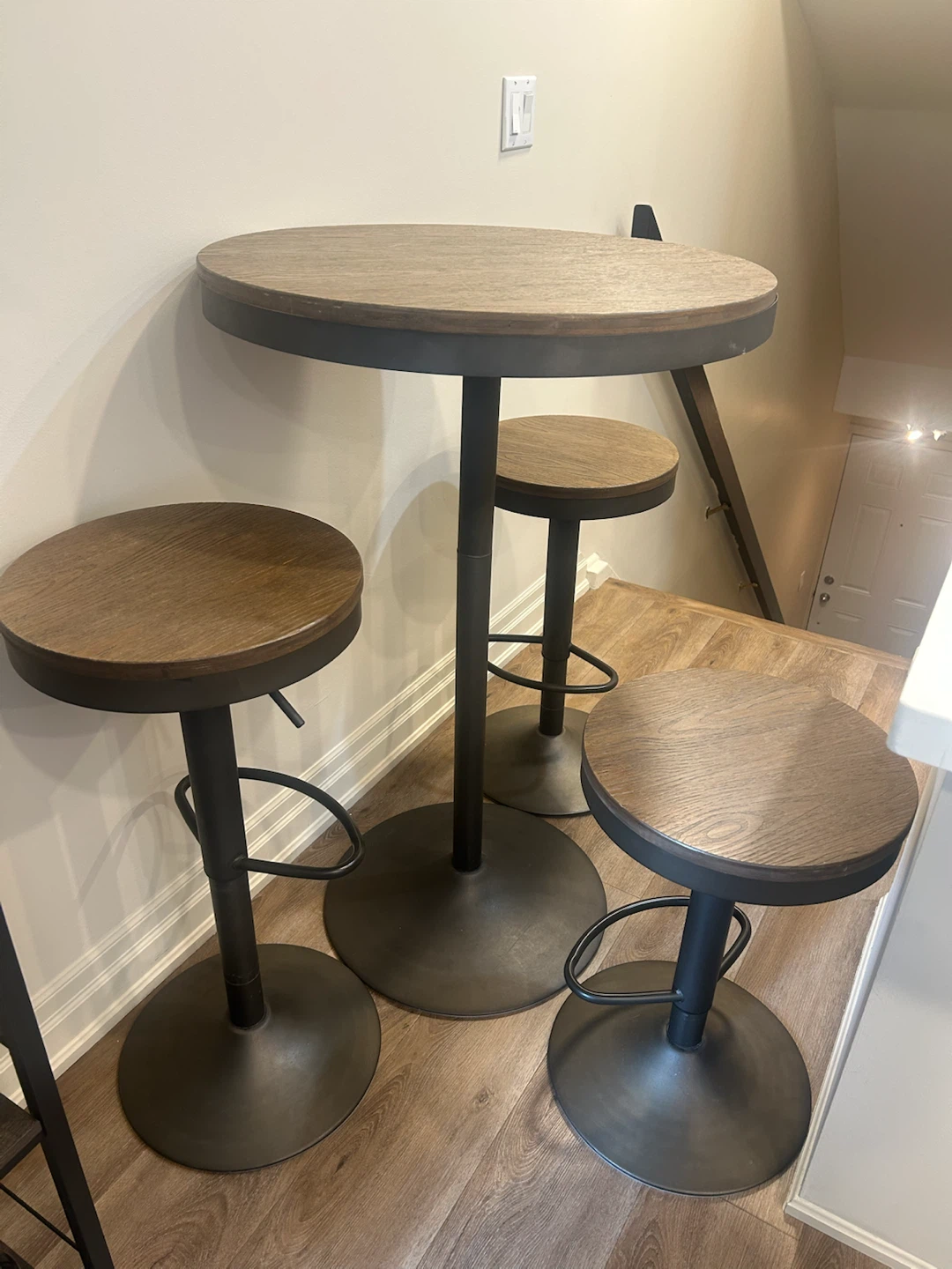 Wood and Metal Bar Table Set with 3 Stools