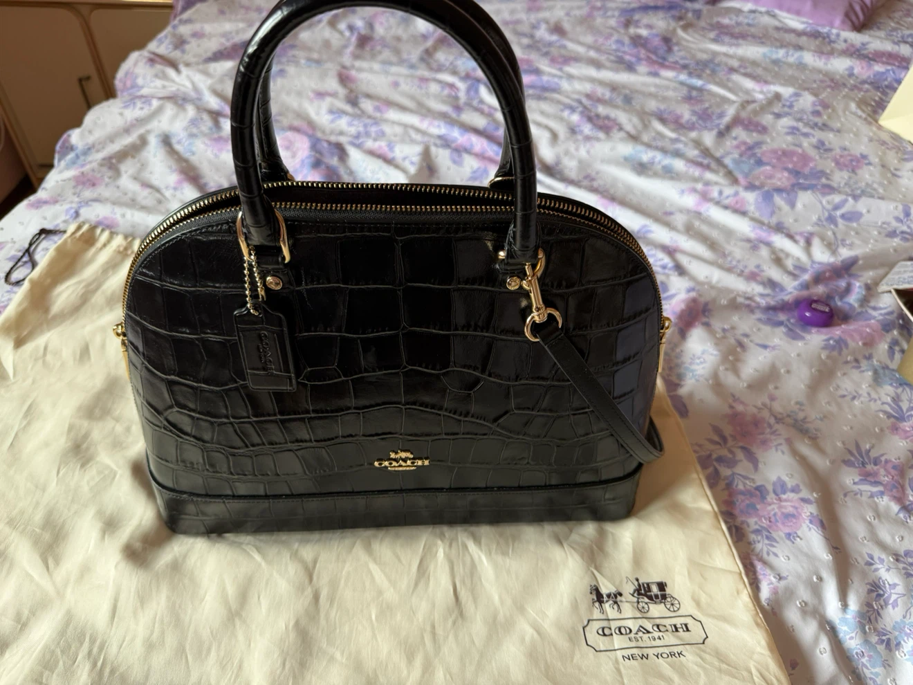 Coach Crocodile Embossed Black Satchel - photo 4