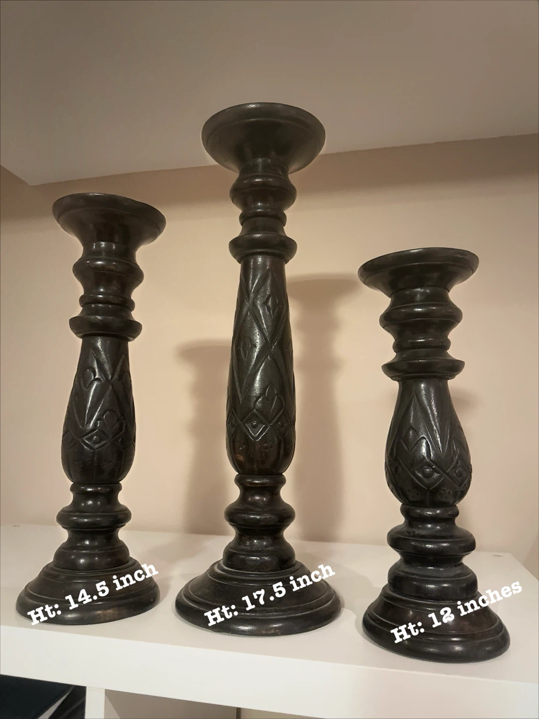 Set of 3 dark wood candle holders