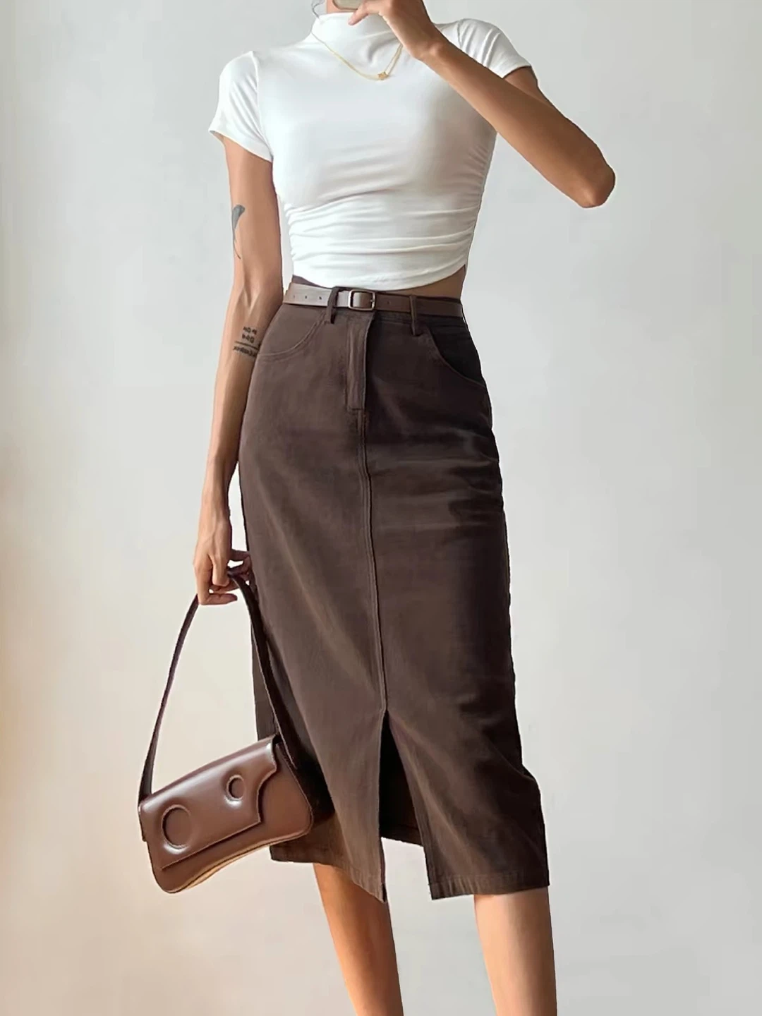 Brown corduroy midi skirt with belt