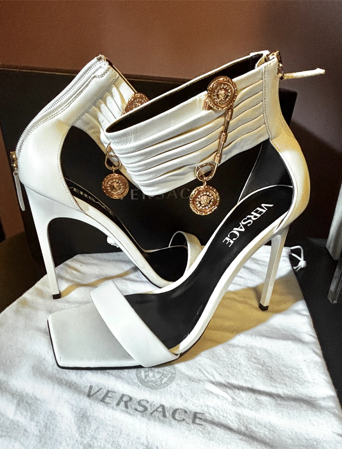 Versace White Leather Medusa Heels