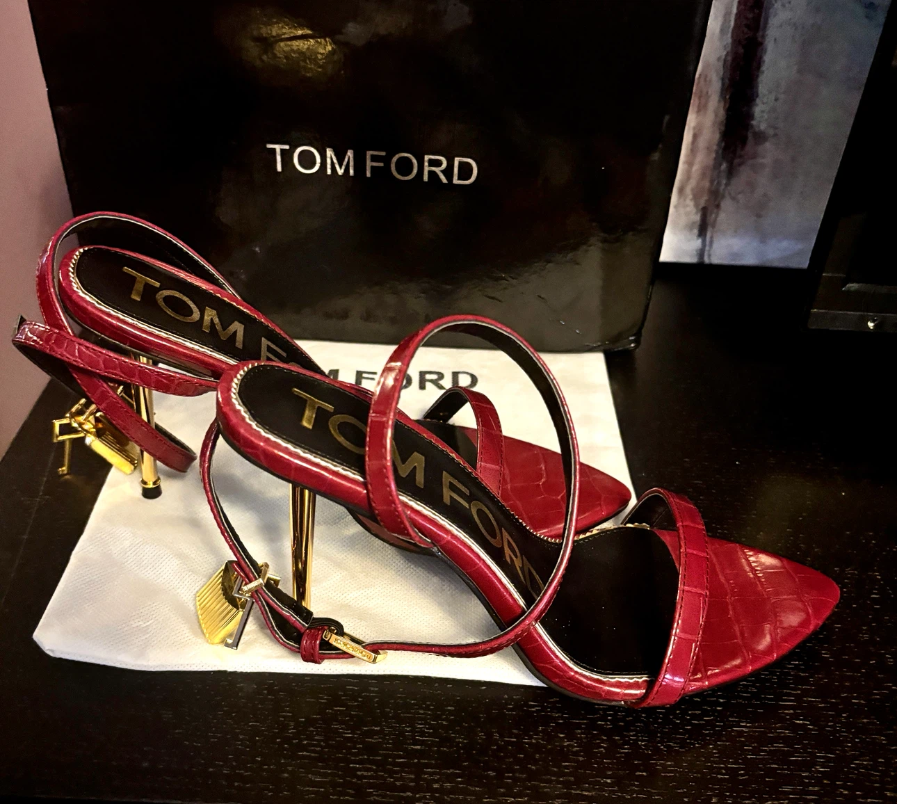 Tom Ford Red Croc Stiletto Heels with Padlock Detail - Size 39