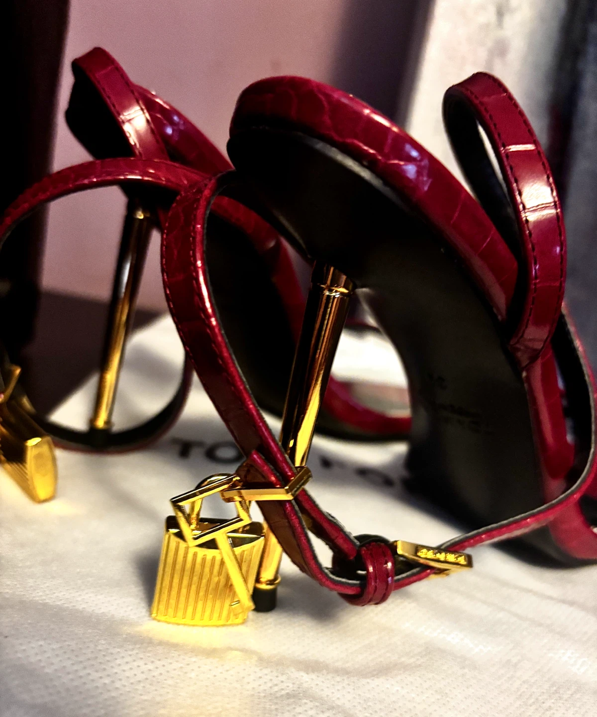 Tom Ford Red Croc Stiletto Heels with Padlock Detail - Size 39 - photo 2