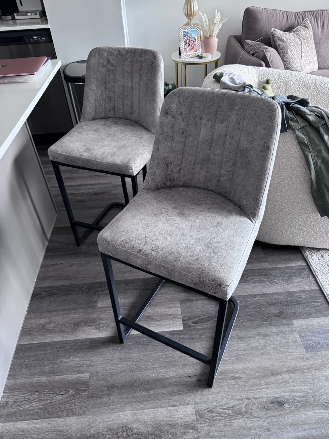 Set of 2 Grey Faux Leather Bar Stools