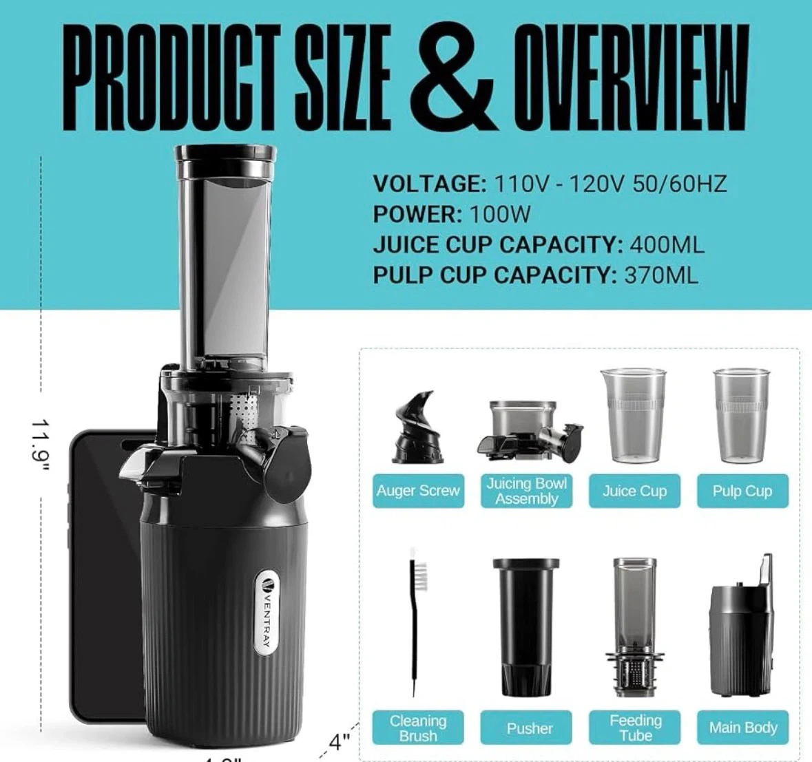 Ventray Essential Ginnie Juicer, Compact & Slow, Nutrient Dense - photo 2