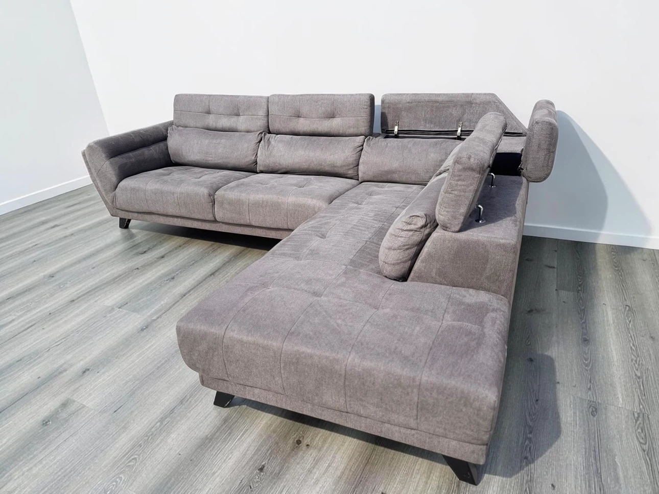 Grey Sectional Sofa with Adjustable Headrests and storage