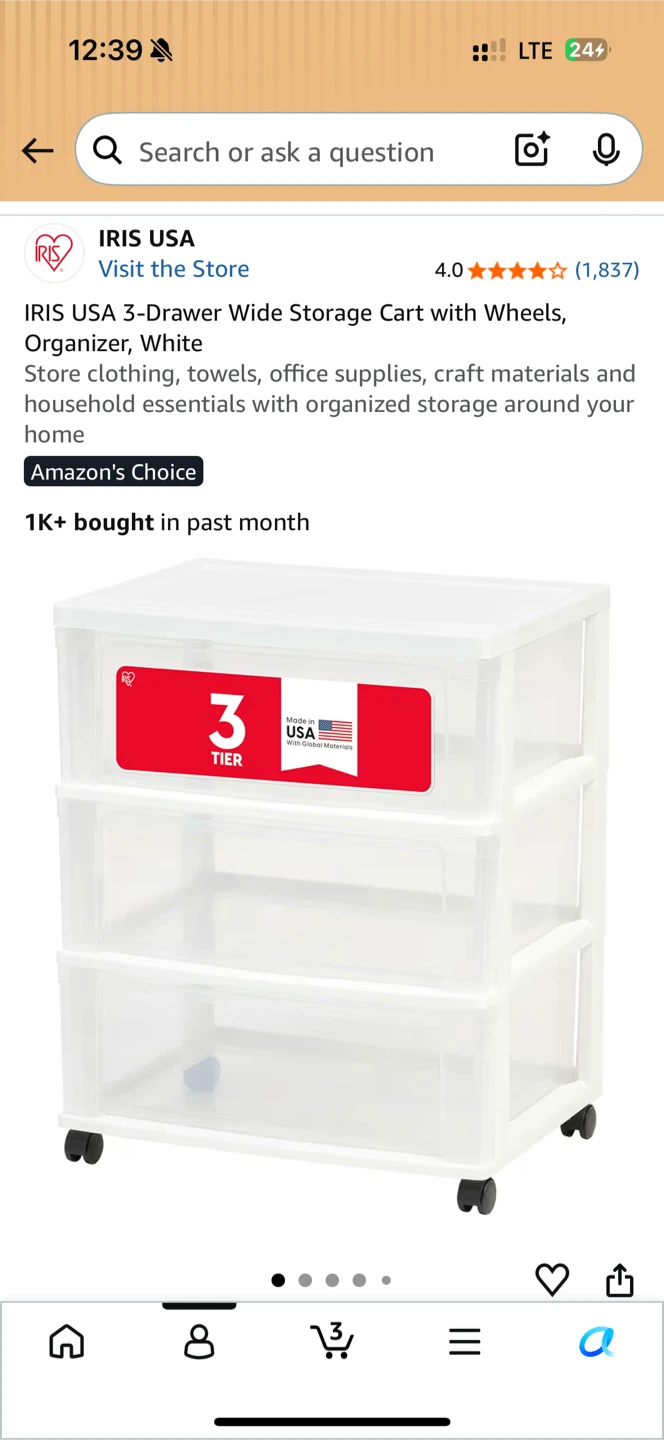 4pcs - IRIS USA 3-Drawer Wide Storage Cart with Wheels, White - photo 2