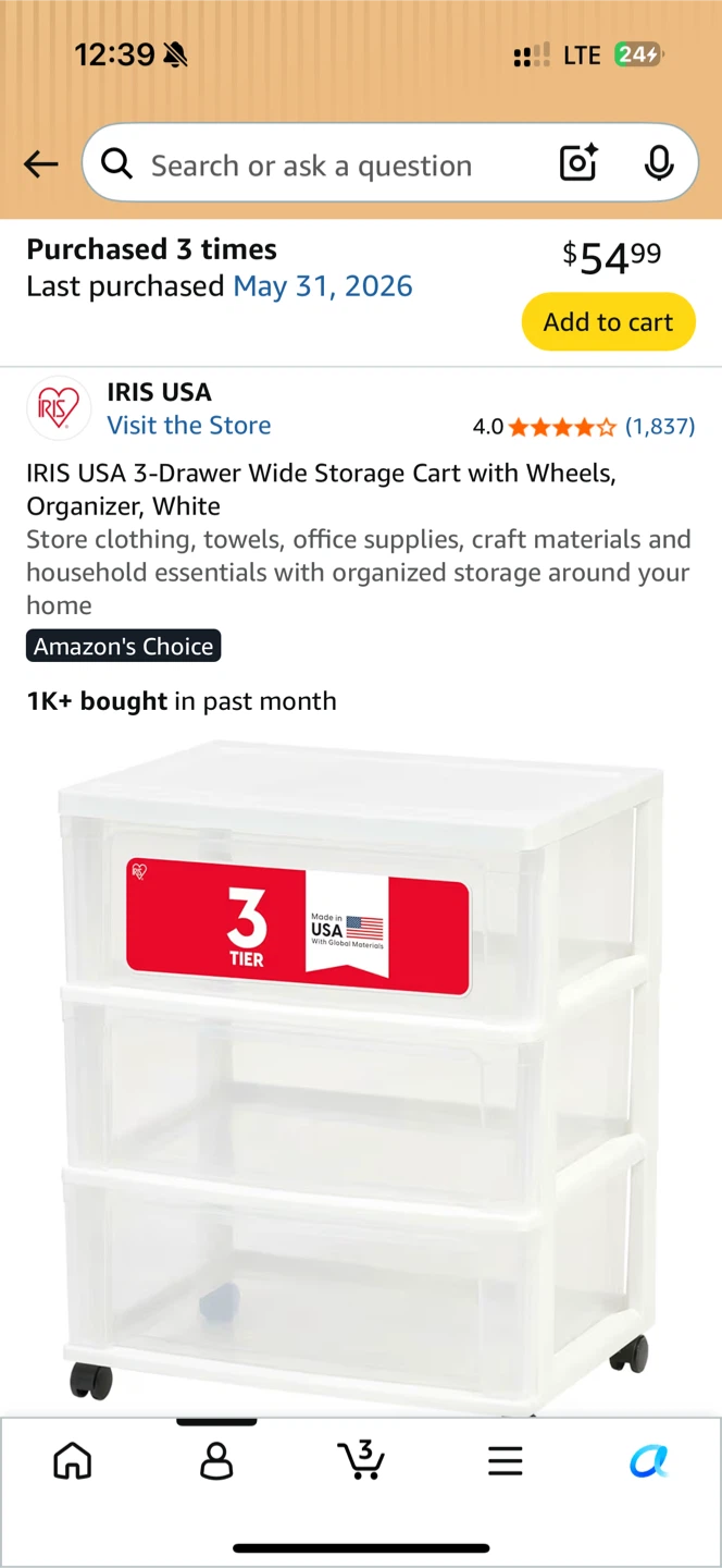 4pcs - IRIS USA 3-Drawer Wide Storage Cart with Wheels, White - photo 3