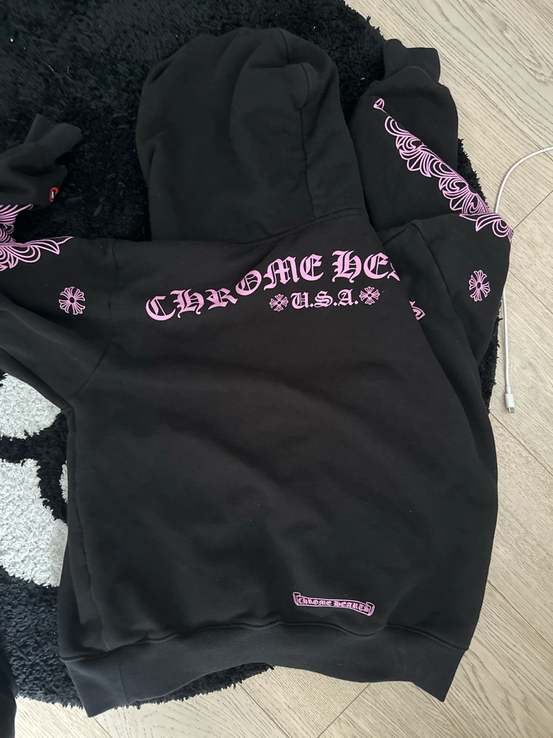 Chrome Hearts Black Hoodie with Pink Graphics