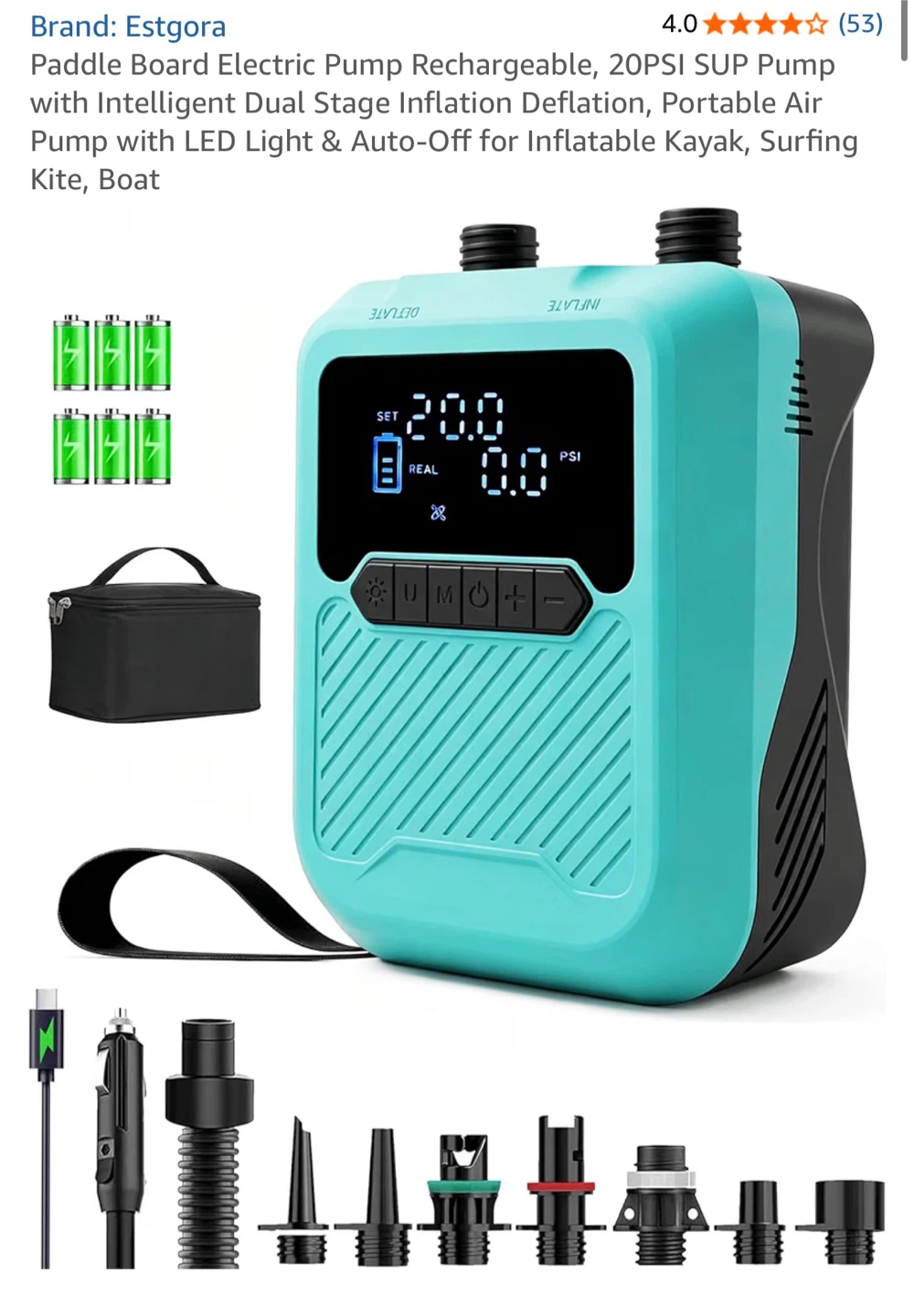 Estgora Paddle Board Electric Pump Rechargeable, 20PSI SUP Pump