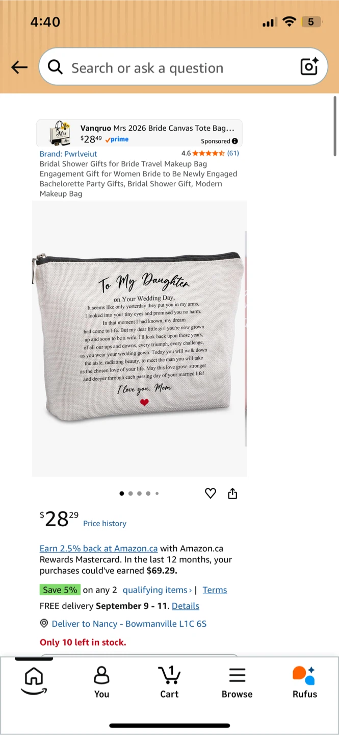 NEW! To My Daughter Wedding Day Canvas Makeup Pouch