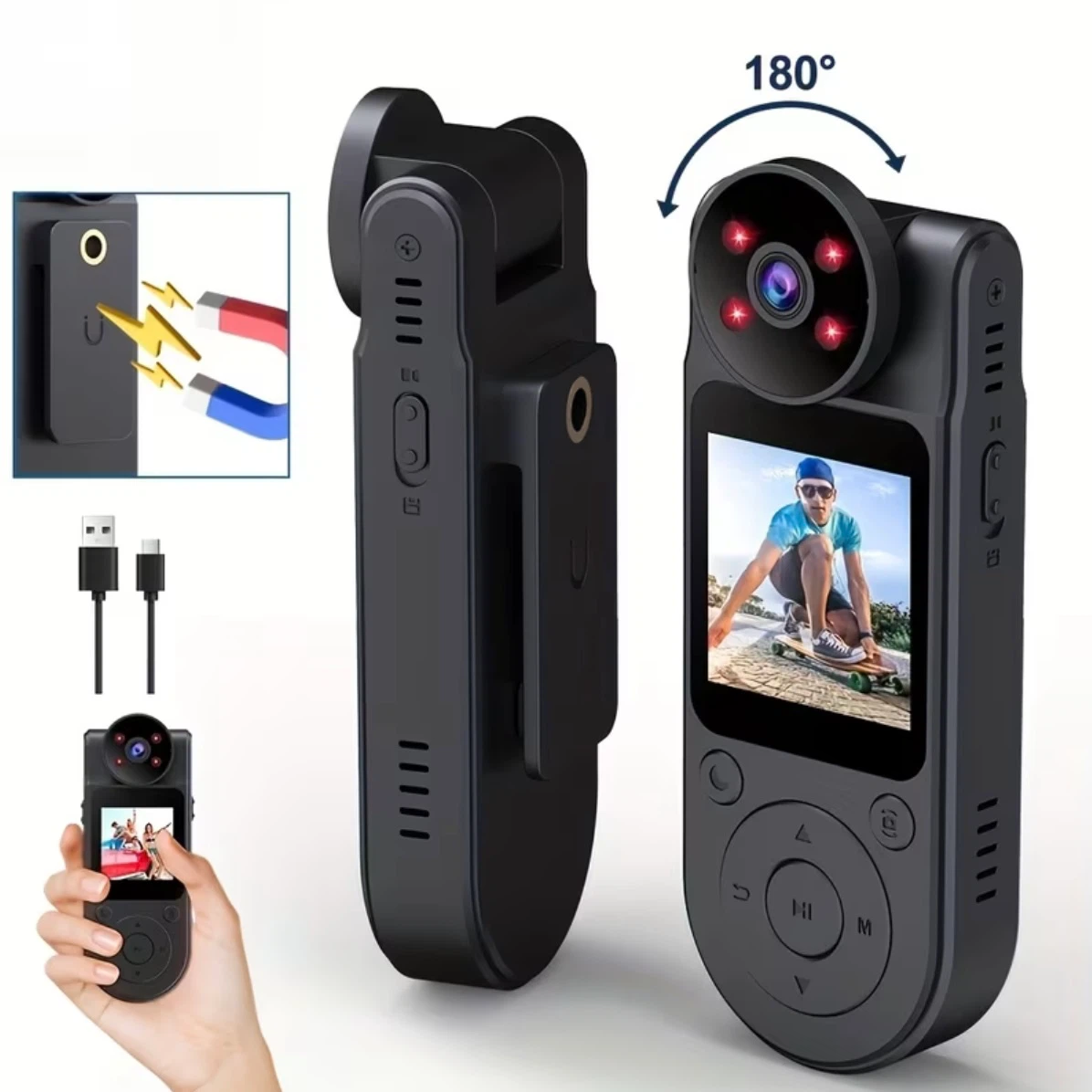 Mini Body Camera with Night Vision & 180° Rotating Lens