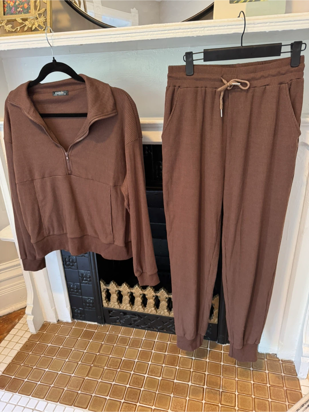 Chocolate Brown Ribbed Quarter Zip & Jogger Matching Set Size M