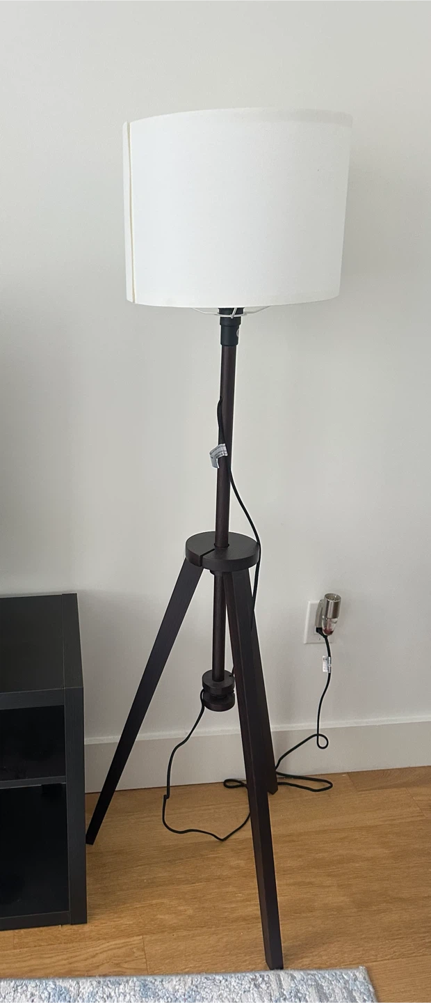Dark Wood Tripod Floor Lamp with White Shade