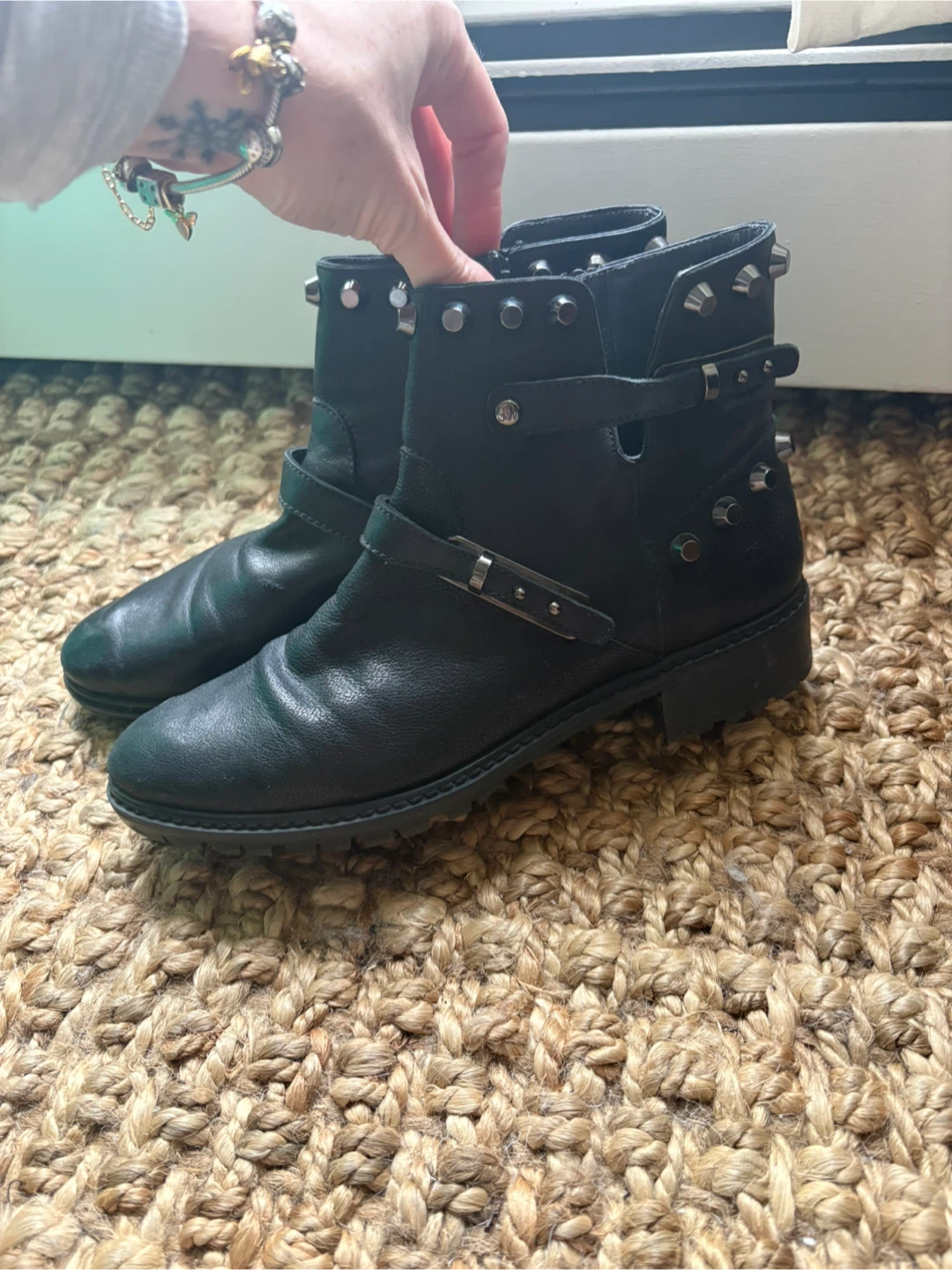 Stuart Weitzman Black Leather Studded Ankle Boots