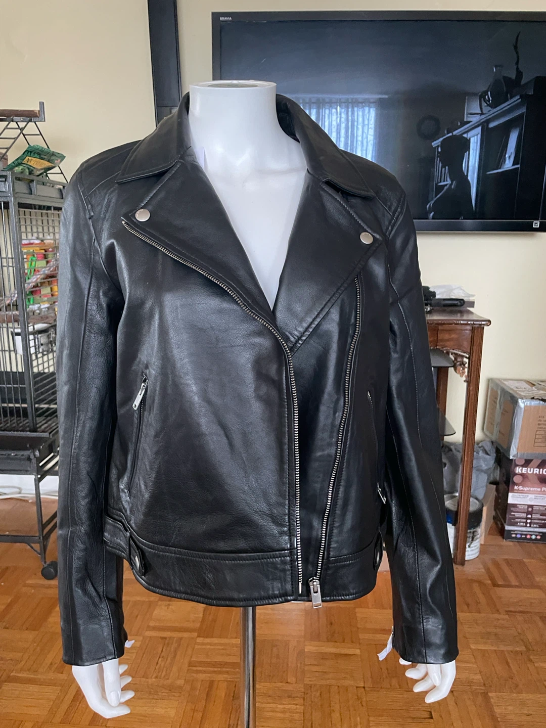 Black Leather Biker Jacket Size 40 - photo 5