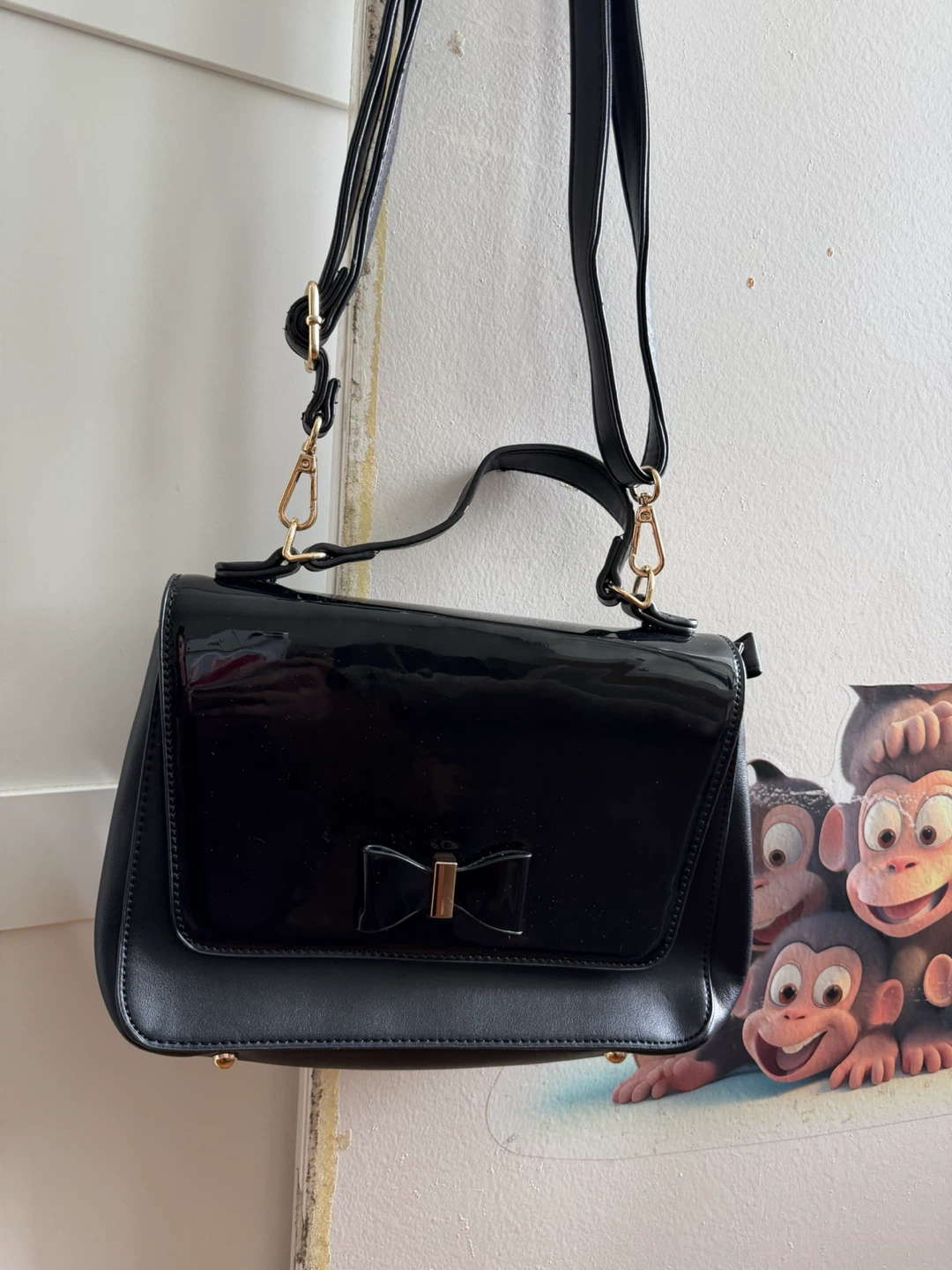 Black Patent Bow Handbag with Shoulder Strap