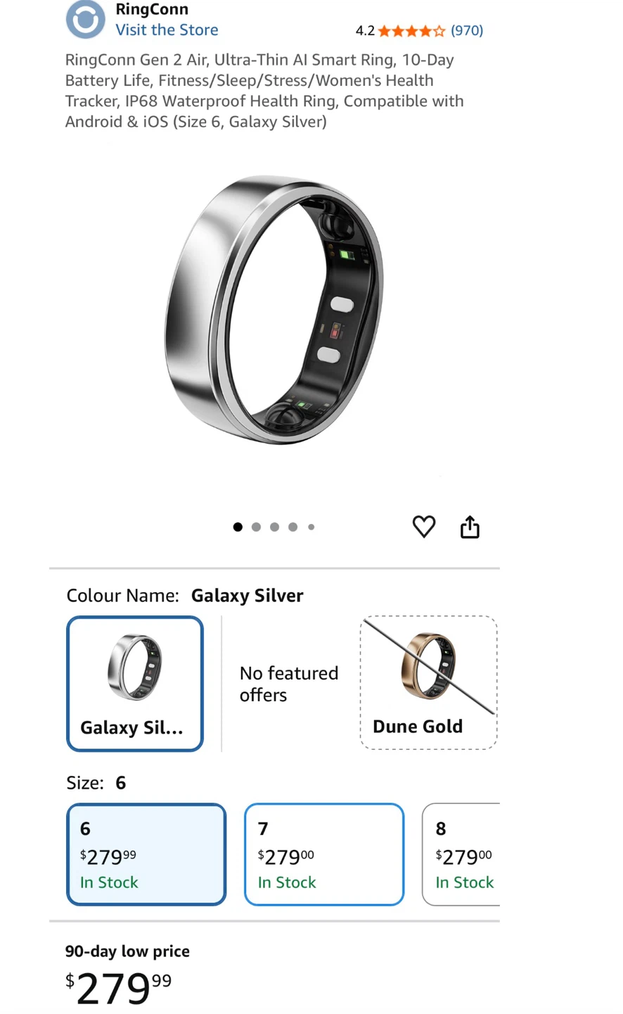 RingConn Gen 2 Air Smart Ring - Size 6, Galaxy Silver