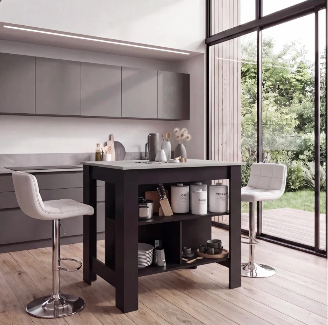 Black Kitchen Island with Open Storage