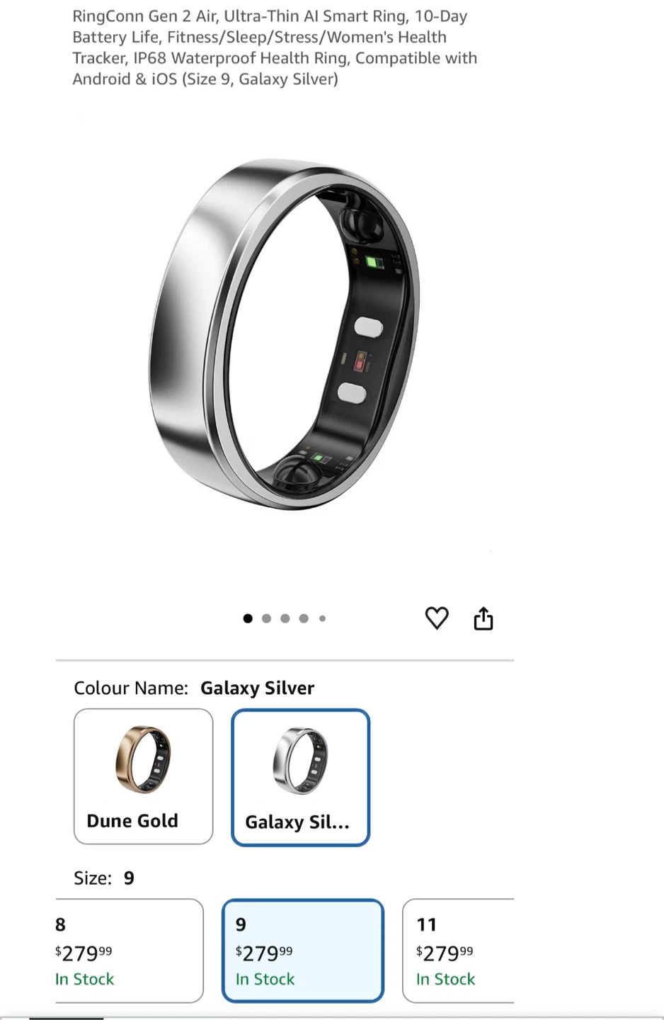 RingConn Gen 2 Air Smart Ring - Galaxy Silver - Size 9