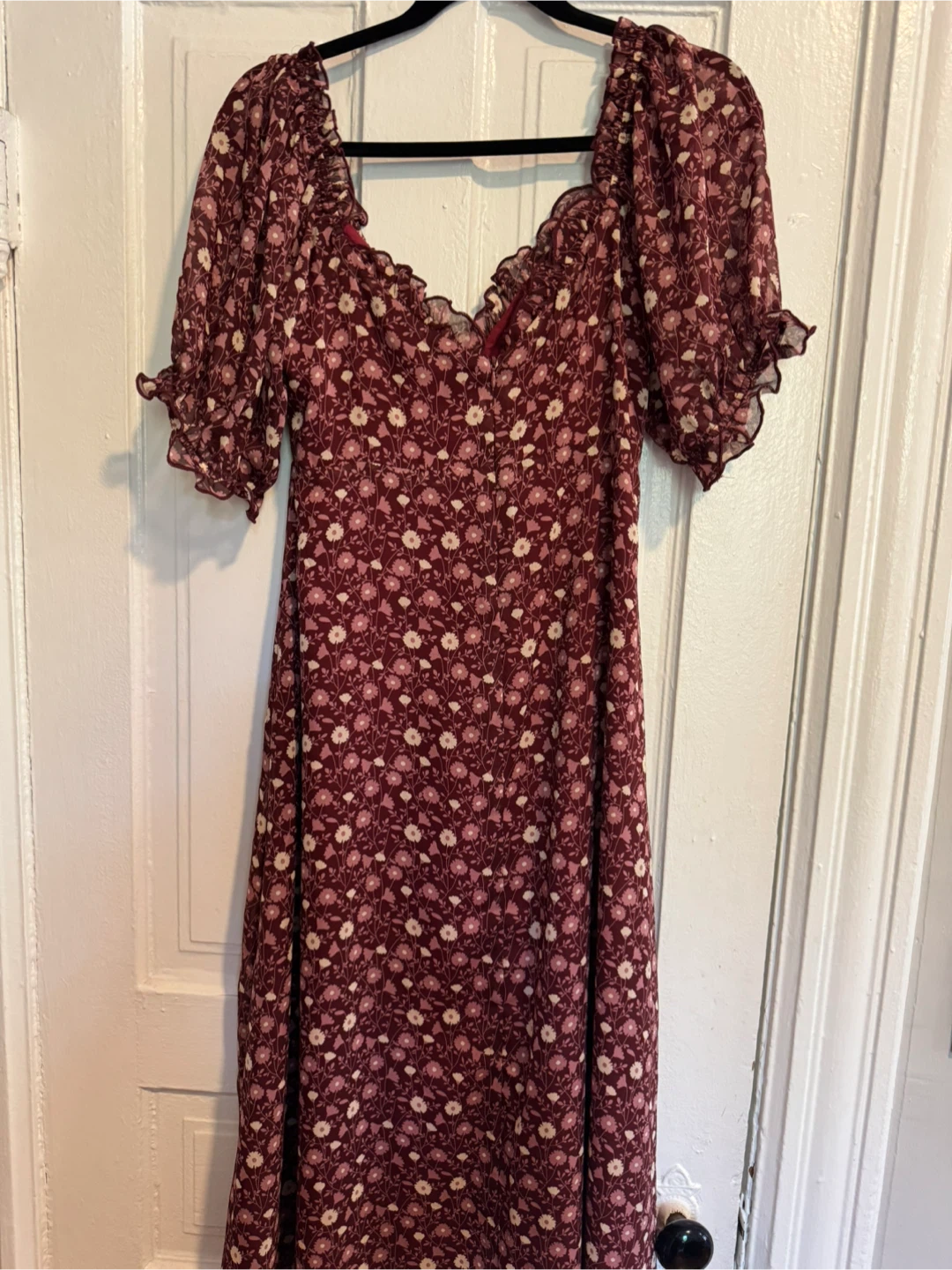 VICI Burgundy Floral Puff Sleeve Midi Dress Size M - photo 4