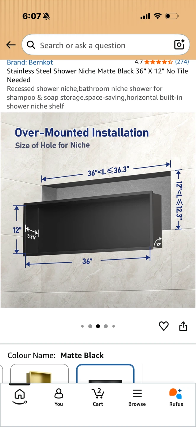 Bernkot Stainless Steel Shower Niche Matte Black 36" X 12" - photo 3