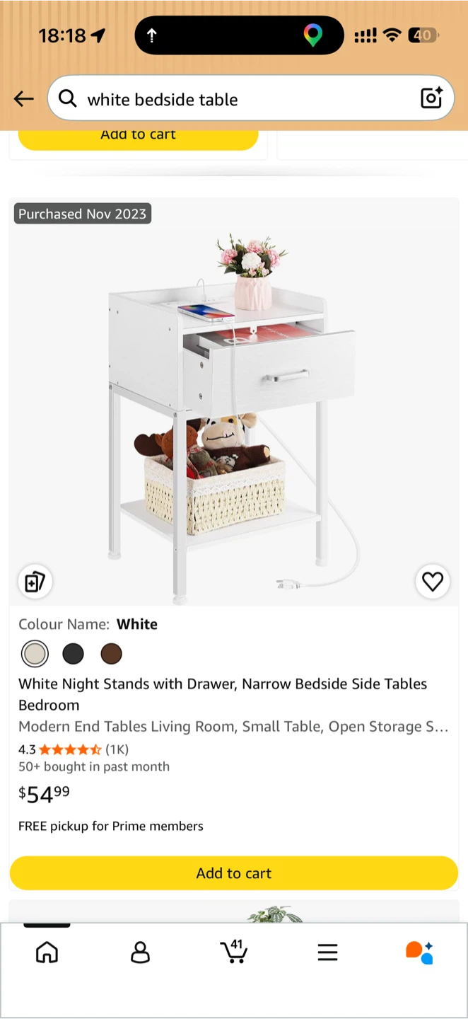 White Night Stand with Charging Station