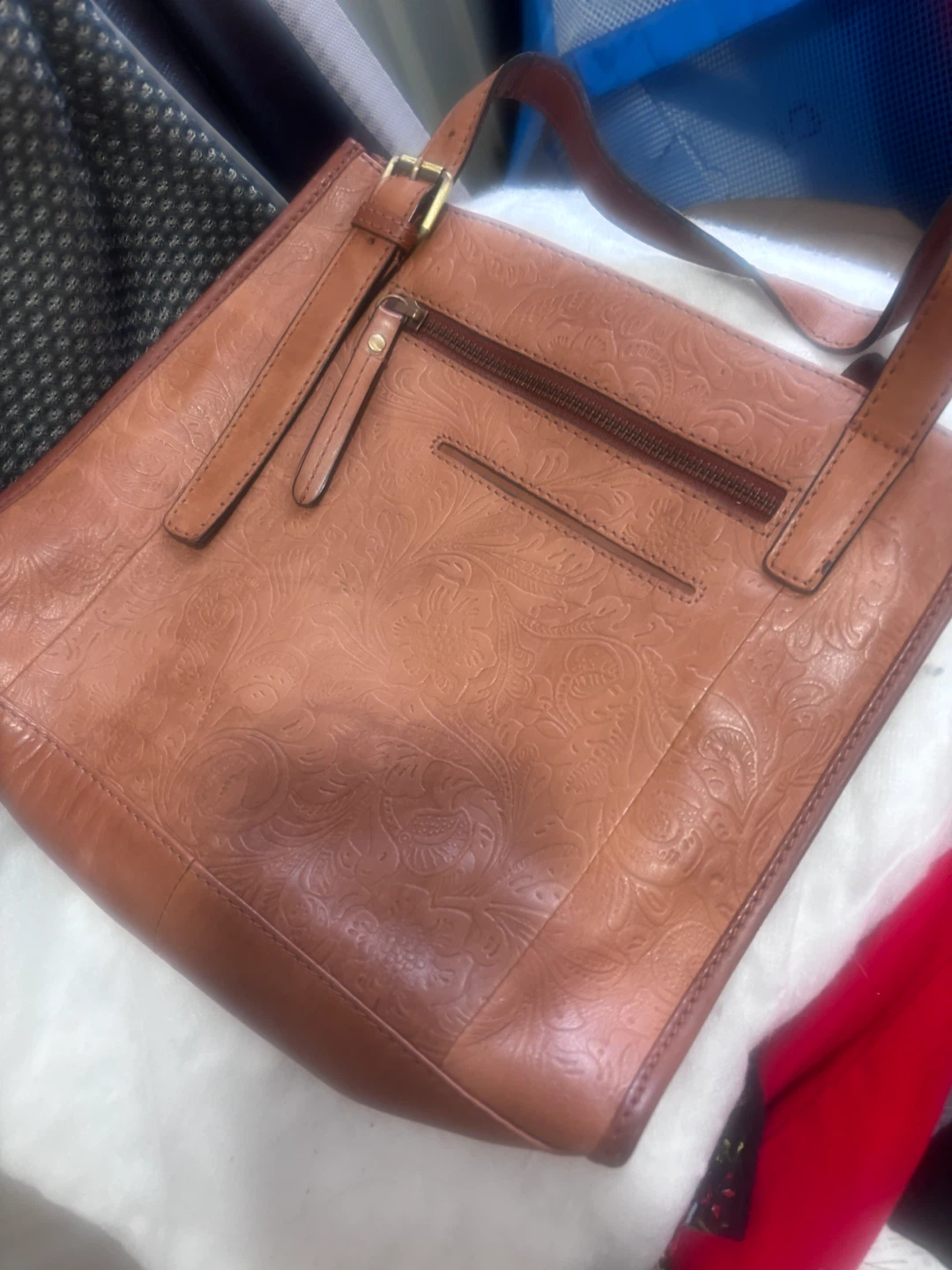 Tan Embossed Leather Tote Bag