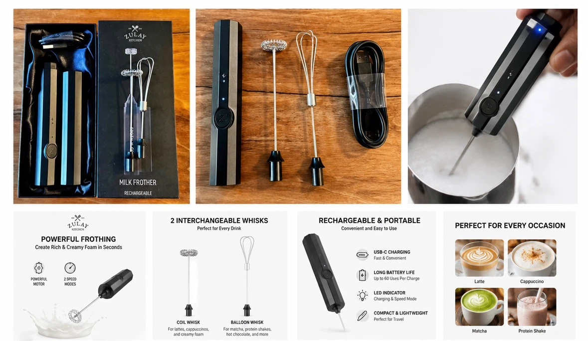 Brand New Zulay Kitchen Rechargeable Milk Frother , Case & USB-C