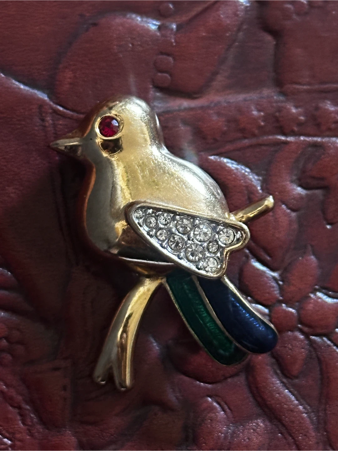 Signed Gold Plated D'orlan rhinestone bird brooch