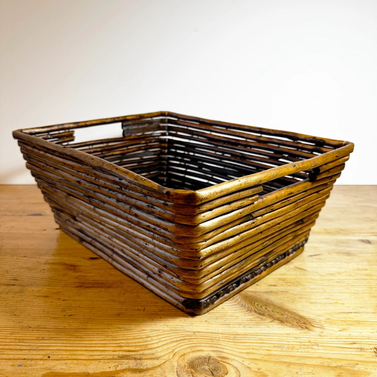 Vintage Rectangular Twig Storage Basket with Handles
