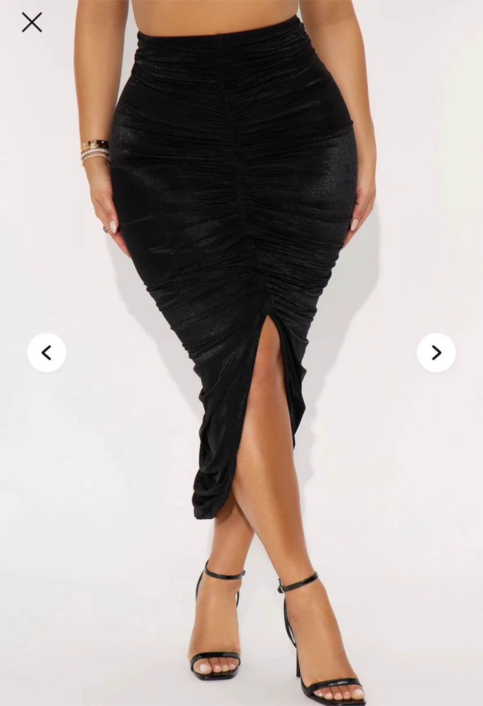 Black Ruched Midi Skirt with Slit