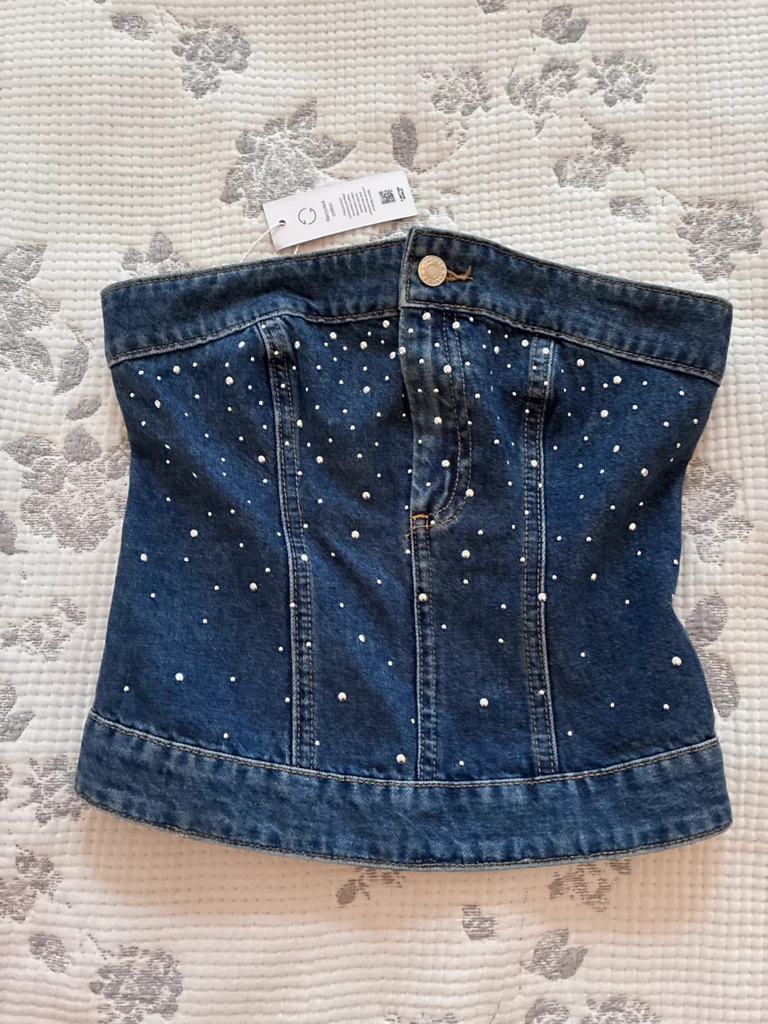 Denim tube top with rhinestone details