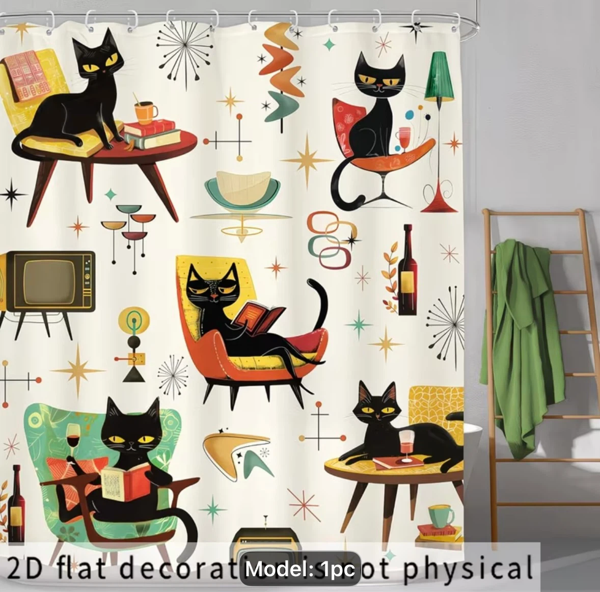Mid-Century Modern Black Cat Shower Curtain