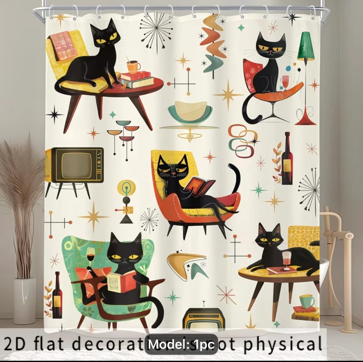 Mid-Century Modern Black Cat Shower Curtain - photo 2