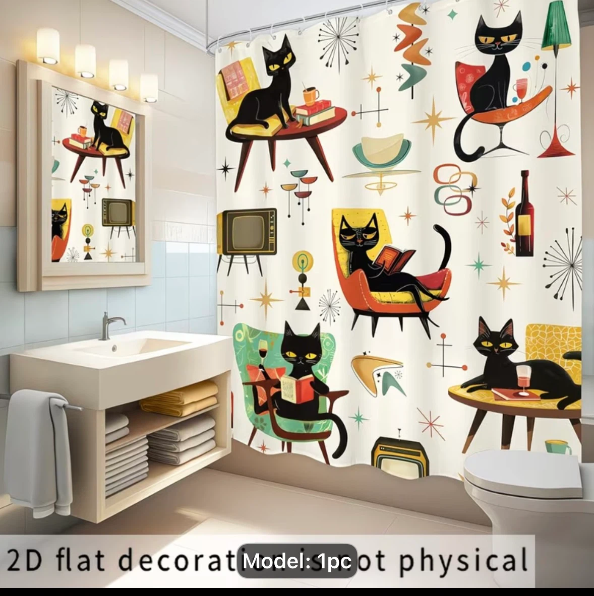Mid-Century Modern Black Cat Shower Curtain - photo 3