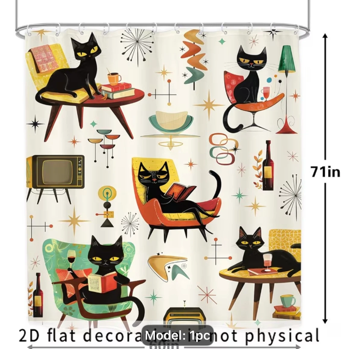 Mid-Century Modern Black Cat Shower Curtain - photo 4