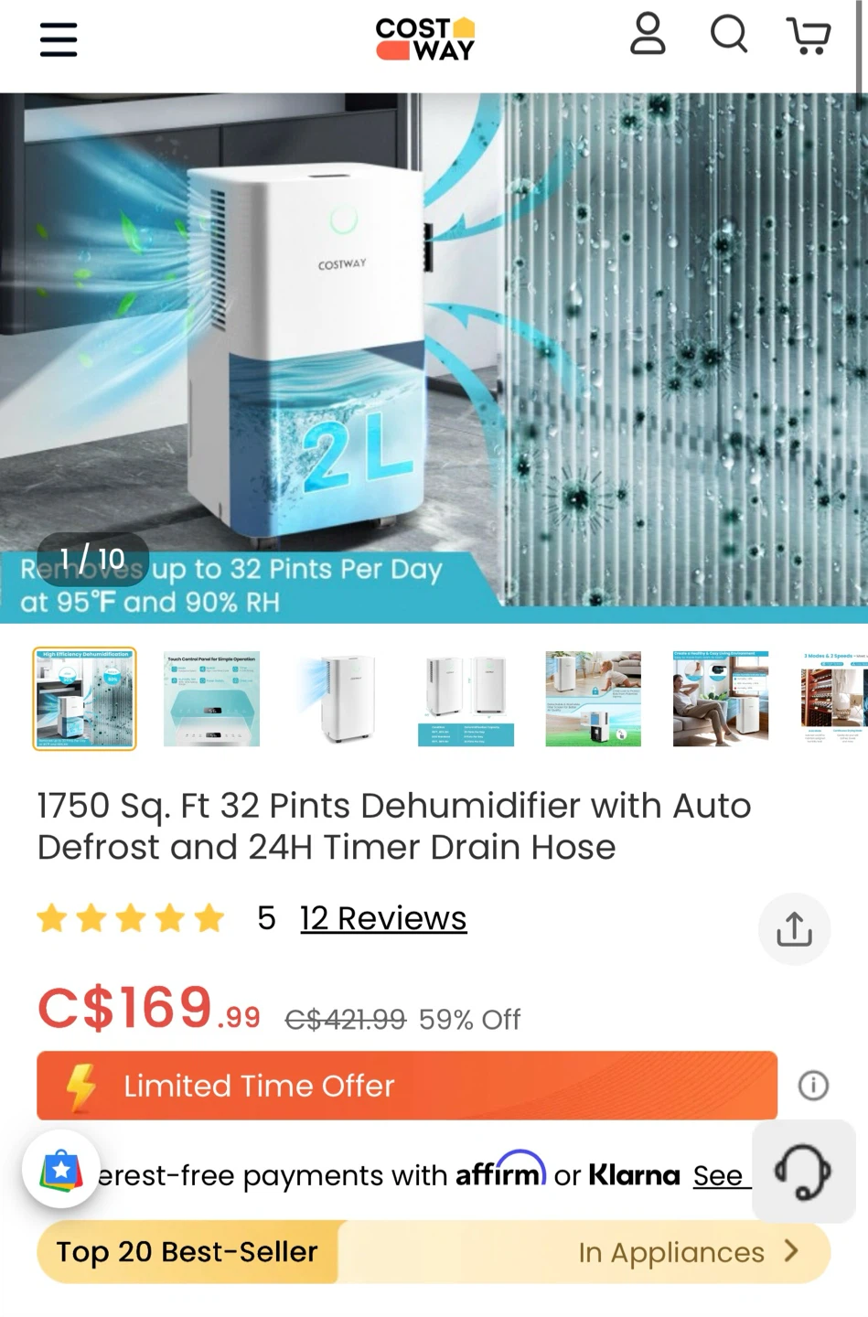 Costway 32 Pints Dehumidifier - photo 2