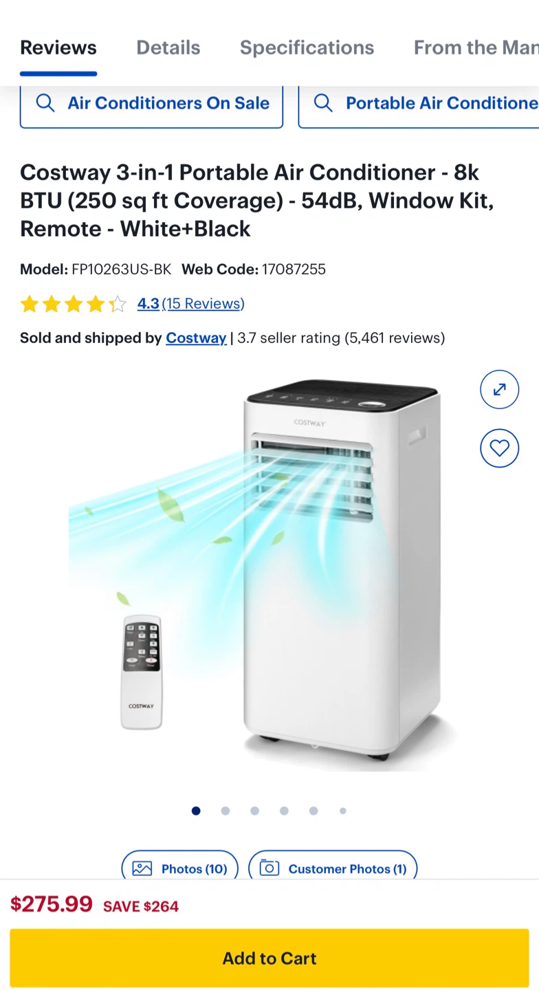 Costway 8000 BTU 3-in-1 Portable Air Conditioner