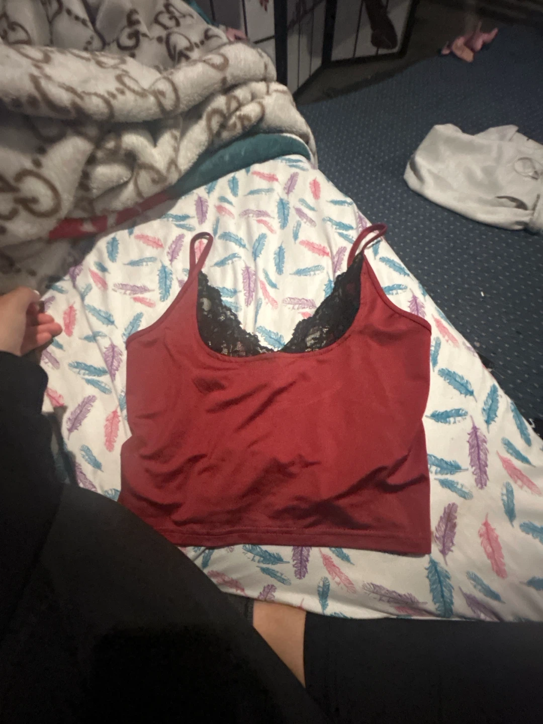 Burgundy Lace-Trim Cami Top