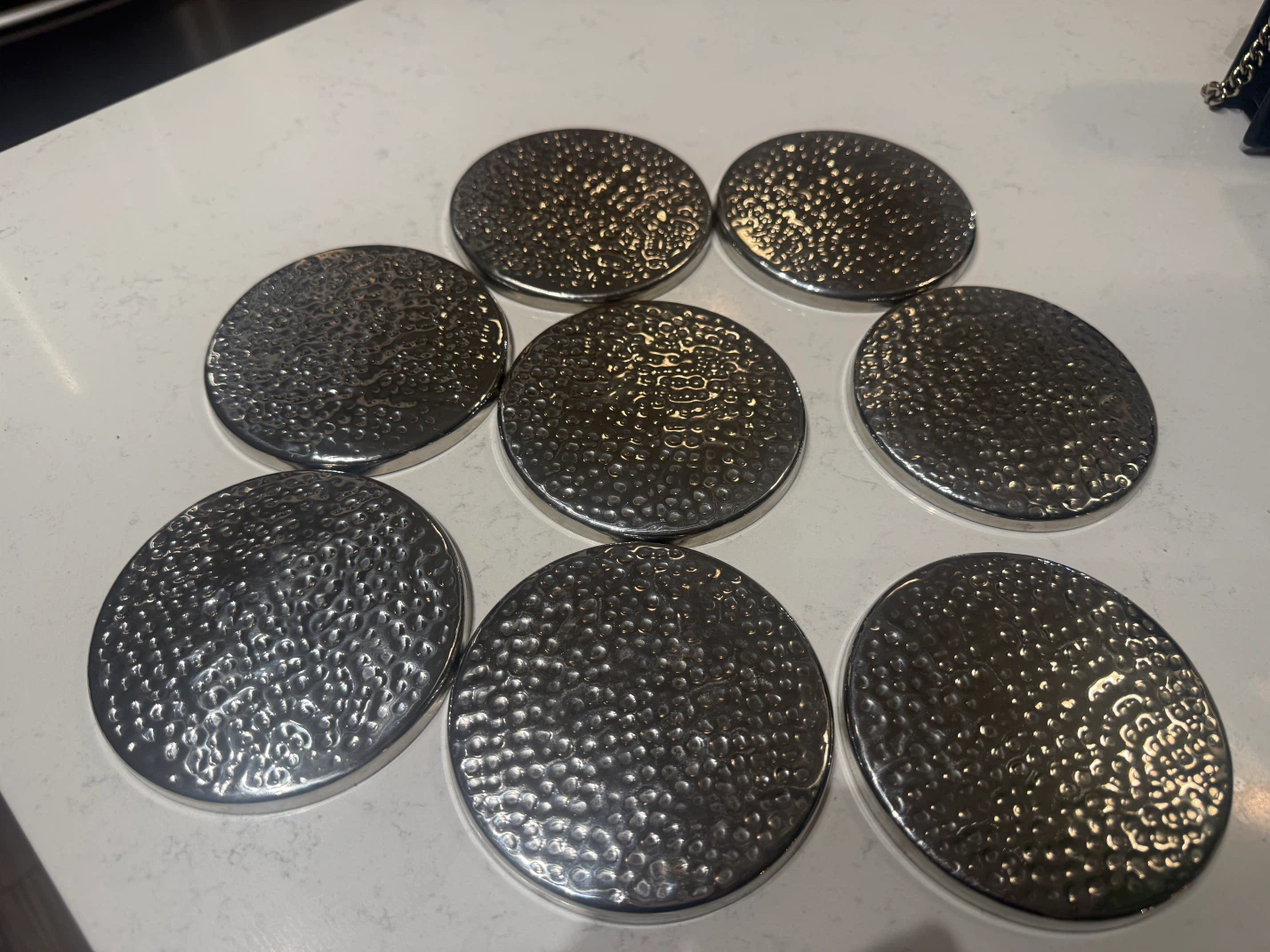 Set of 8 Silver Hammered Finish Round Coasters