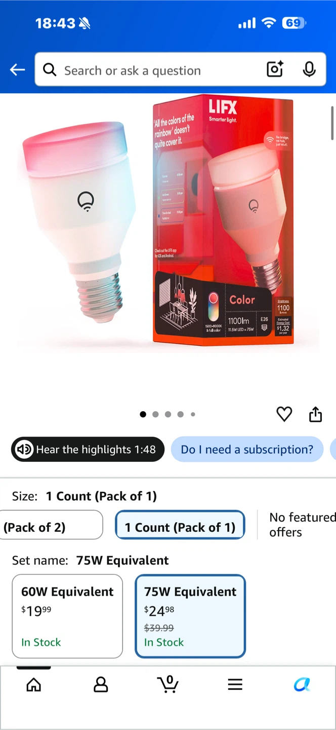 LIFX Smart LED Light Bulb - Color - 75W Equivalent