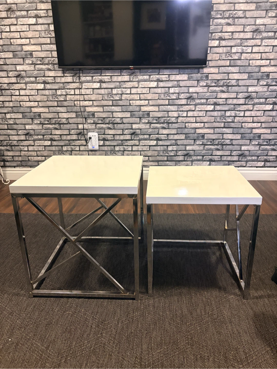 Set of 2 White Nesting Accent Tables with Chrome Frame - photo 2