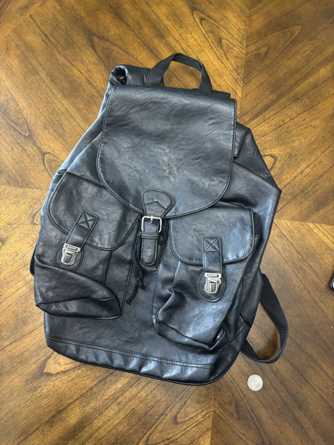 Black Faux Leather Rucksack Backpack