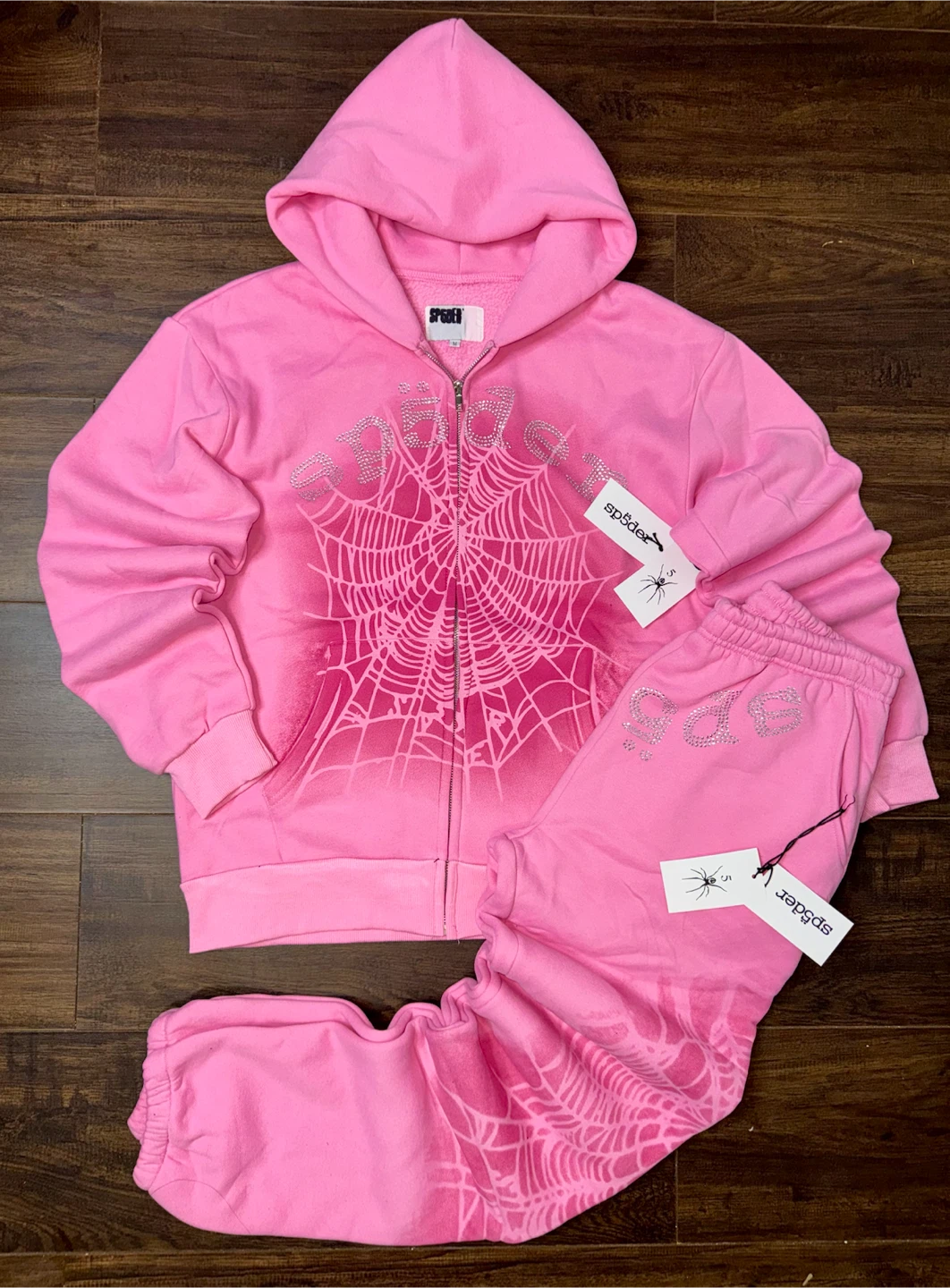 SP5DER Pink Rhinestone Tracksuit