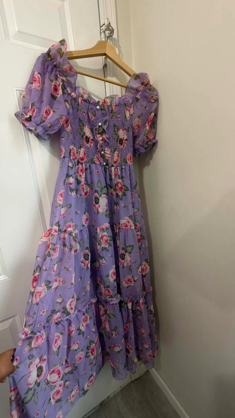 Purple Floral Puff Sleeve Tiered Maxi Dress