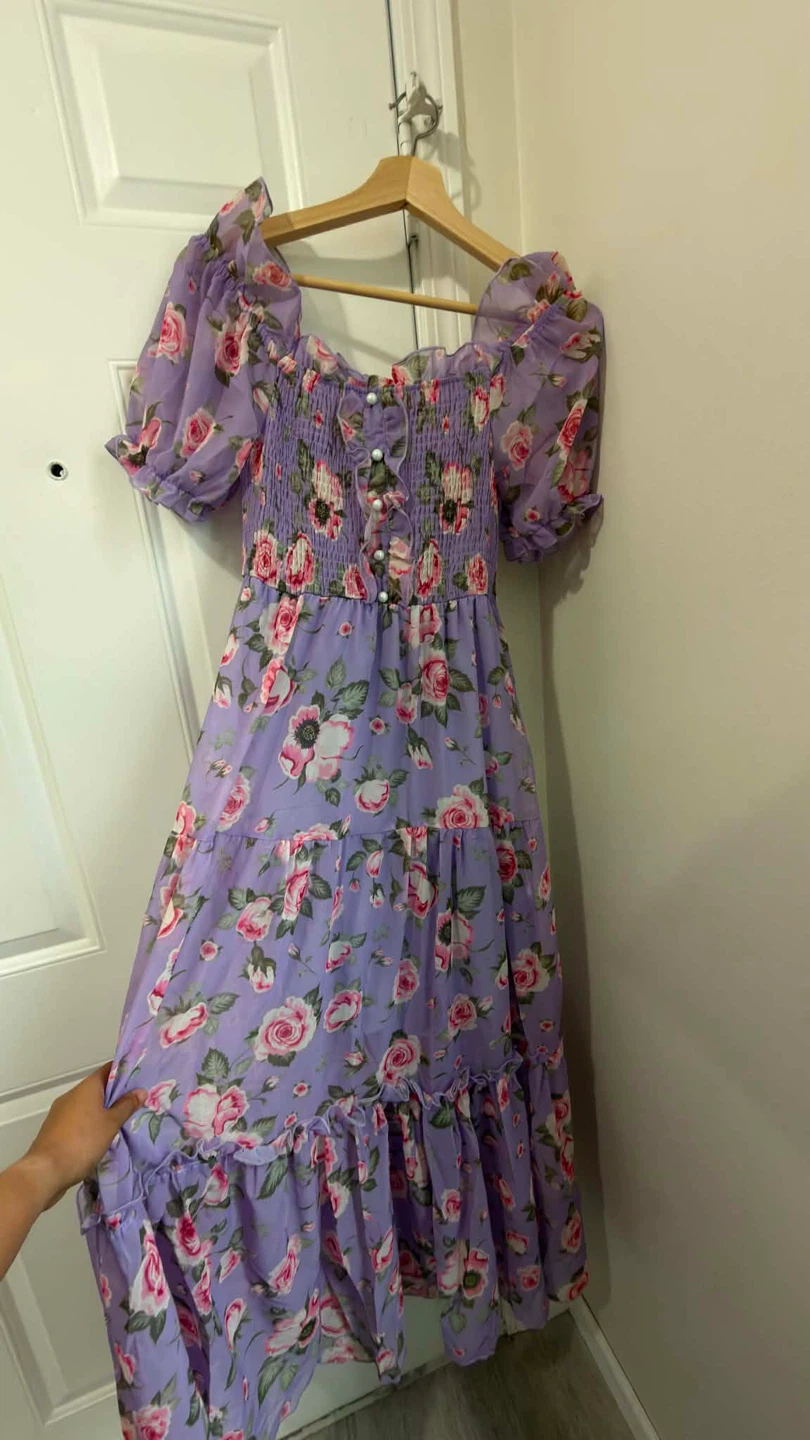 Purple Floral Puff Sleeve Tiered Maxi Dress - photo 2