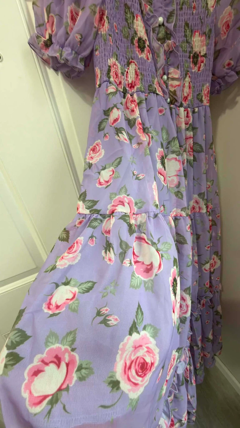 Purple Floral Puff Sleeve Tiered Maxi Dress - photo 3